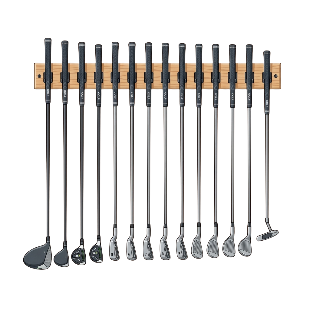 A full set of golf clubs arranged vertically on a wooden holder against a black background