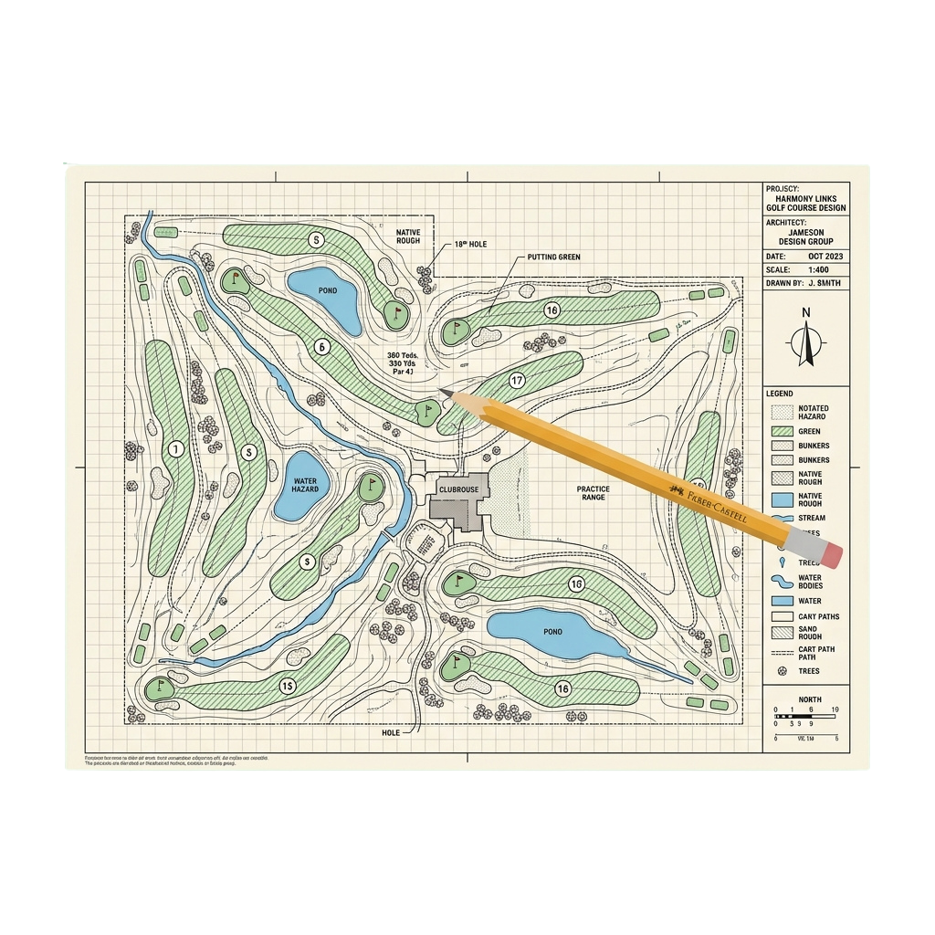 Detailed golf course layout map showing holes, greens, water hazards, and sand traps