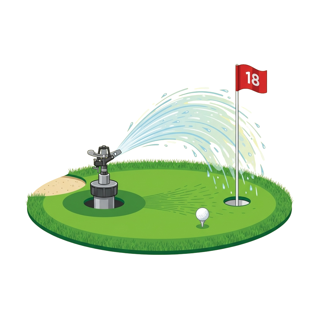 Illustration of a golf hole with a sprinkler spraying water arcs and a flag marked 18