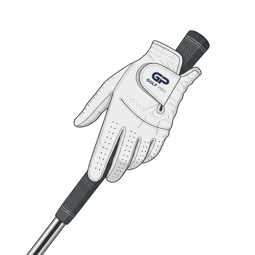 A white golf glove with textured palm and fingers gripping a black and silver golf club handle