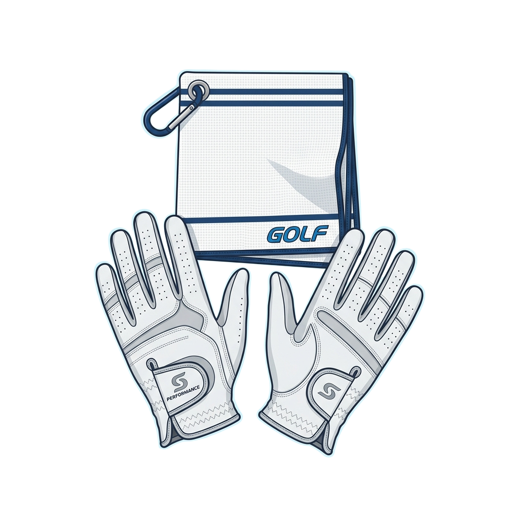 Illustration of two white golf gloves and a golf ball marker pouch with the word golf on it