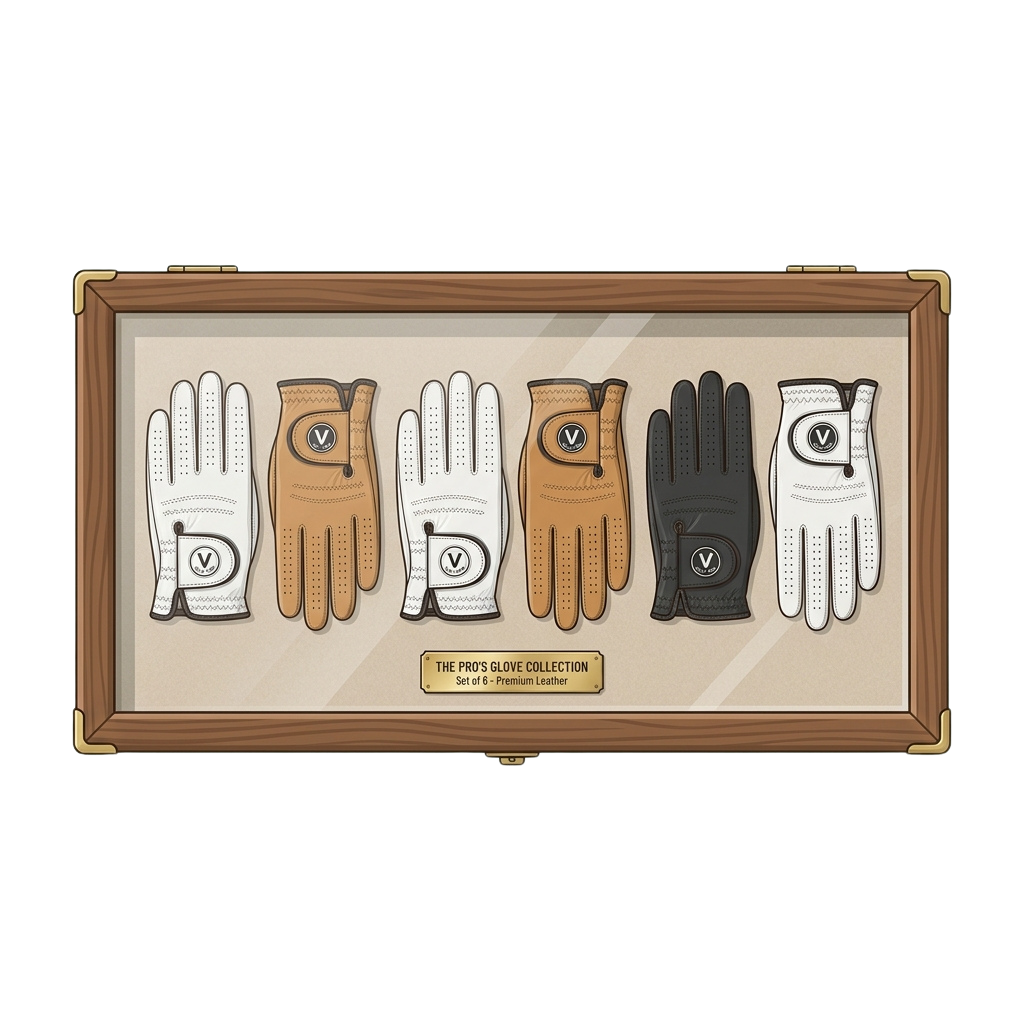 Six different golf gloves displayed in a wooden box with a label reading The Pro's Glove Collection.
