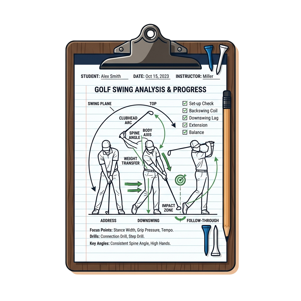 Illustrated golf swing analysis chart showing address, downswing, and follow-through with key focus points and drills