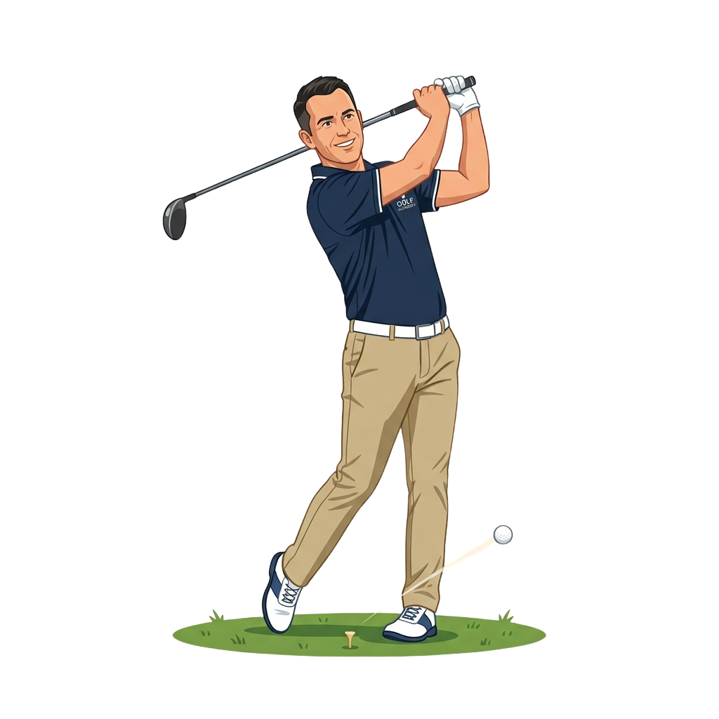 Illustration of a golfer in mid-swing preparing to hit a golf ball off a tee.