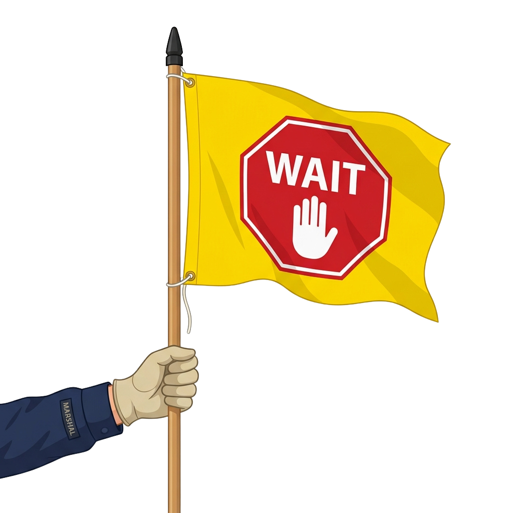 Hand holding a yellow flag with a red stop sign and hand symbol that says WAIT