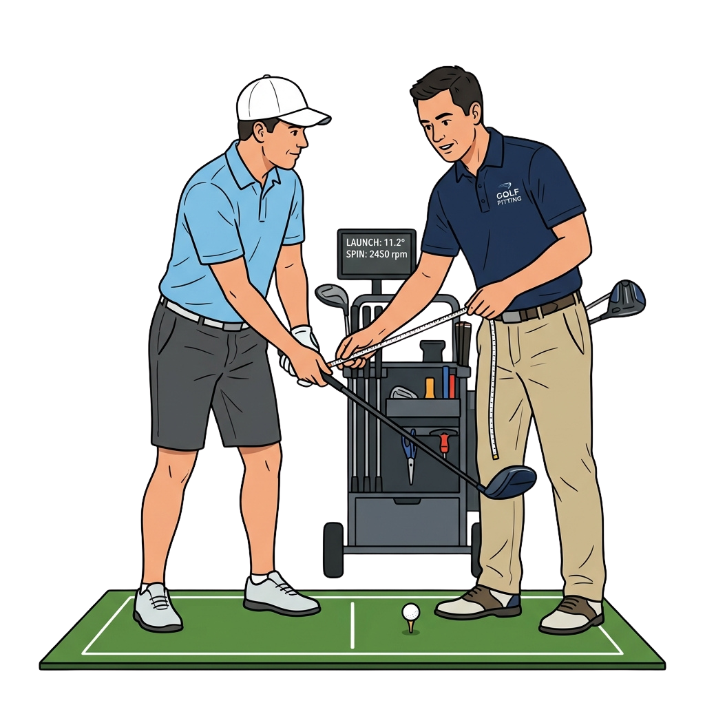Two men reviewing a golf club fitting using a launch monitor machine on a practice mat