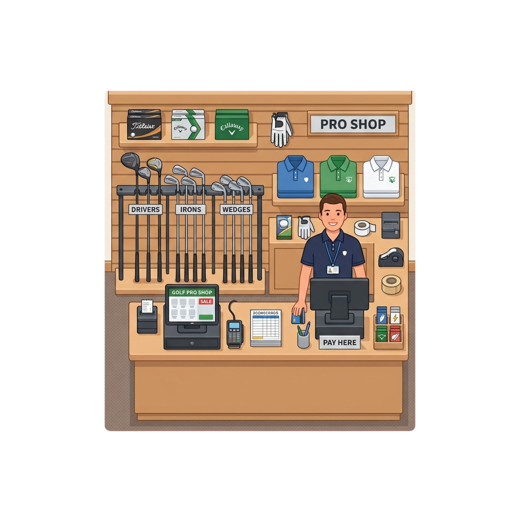 Illustration of a golf pro shop counter showing golf clubs, apparel, and a cashier standing behind a register