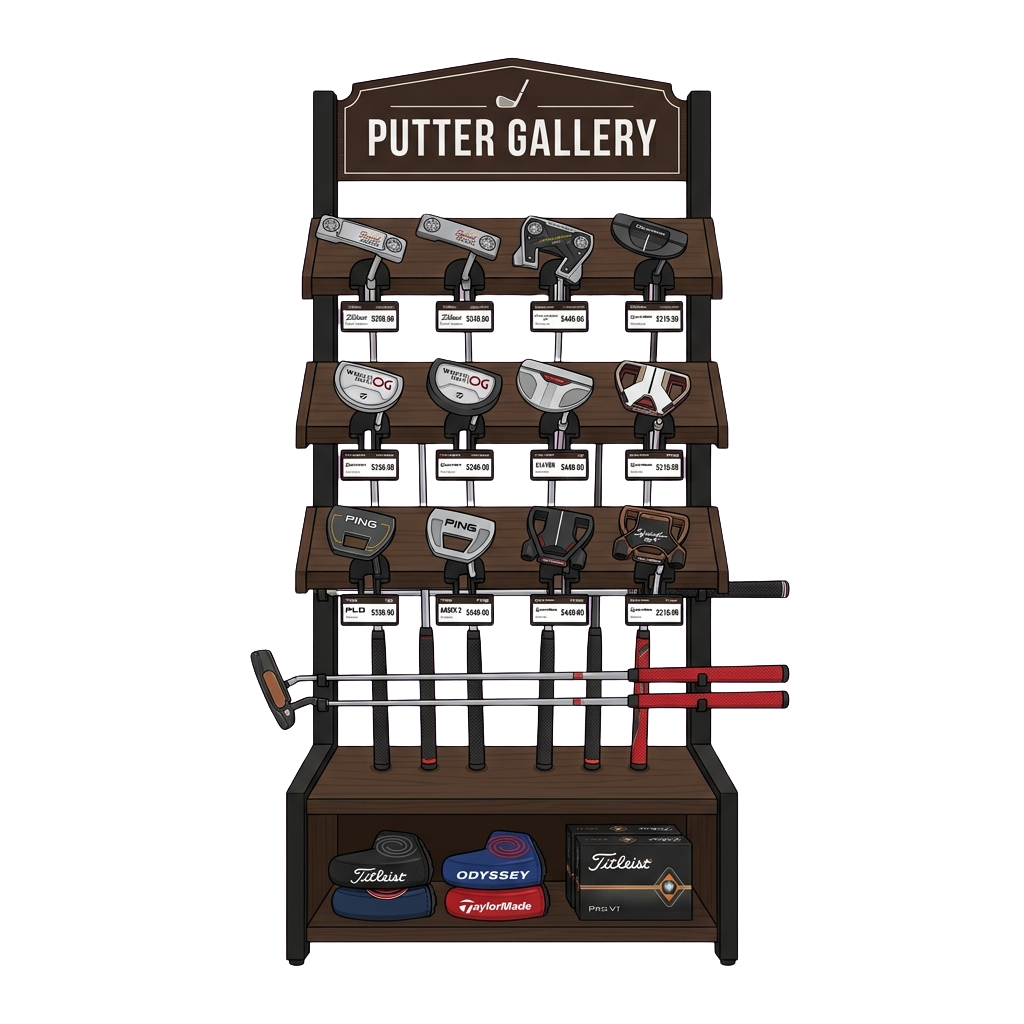Illustration of a putter gallery display with multiple golf putters and golf ball markers on shelves