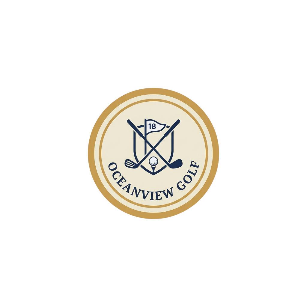 Circular logo featuring crossed golf clubs, a golf ball, and the number 18, labeled Oceanview Golf