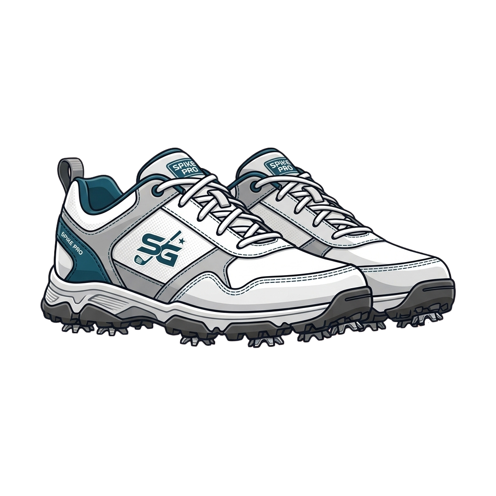 White and blue athletic running shoes with spiked soles and mesh detailing
