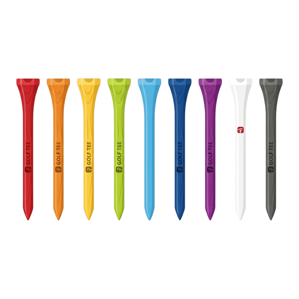 Nine brightly colored golf tees in red, orange, yellow, green, blue, purple, white, and two shades of gray