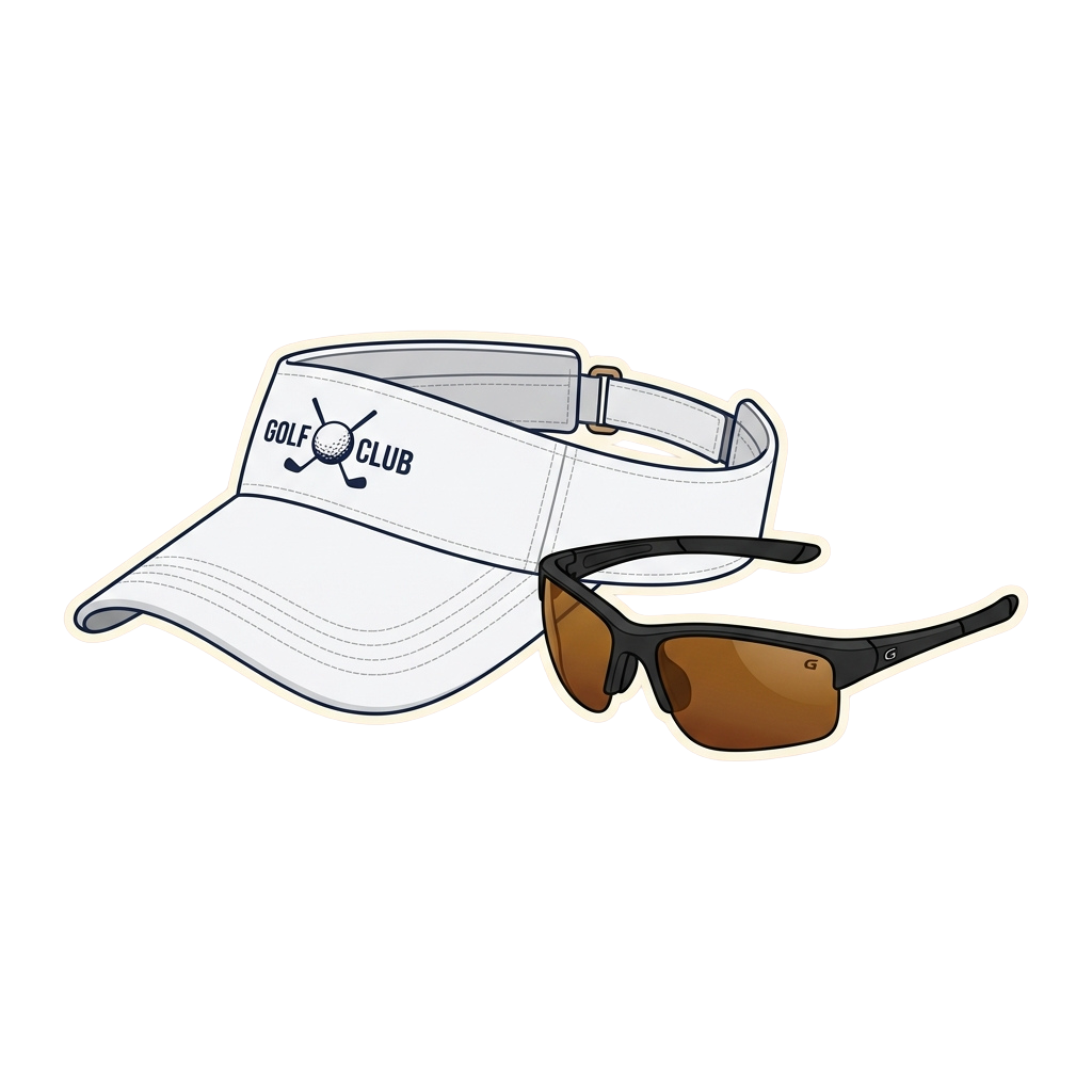 White golf visor with club logo and brown sunglasses on black background