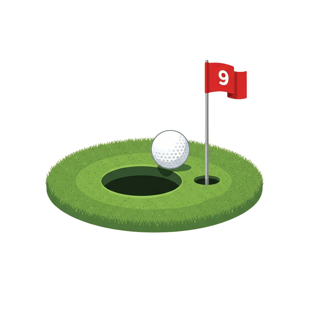 A golf ball on a green near a hole with a red flag marked nine