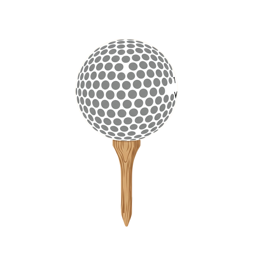A golf ball with dimpled surface on a wooden tee
