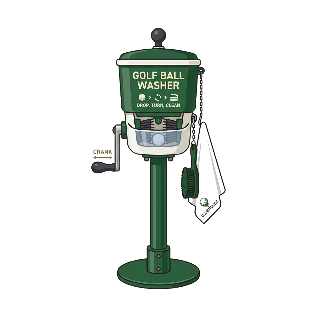 Illustration of a green golf ball washer machine with a crank handle and brush attachment for cleaning golf balls