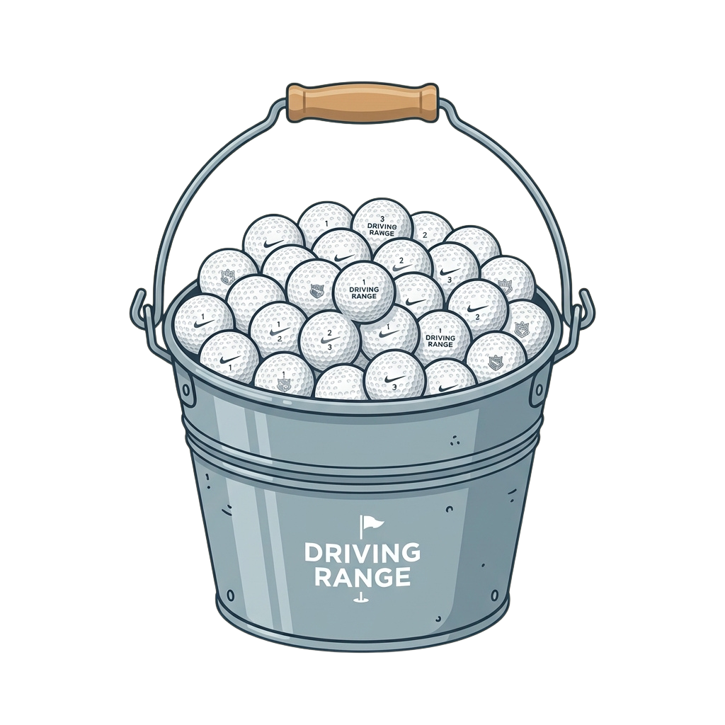 Illustration of a metal bucket filled with golf balls labeled for driving range practice