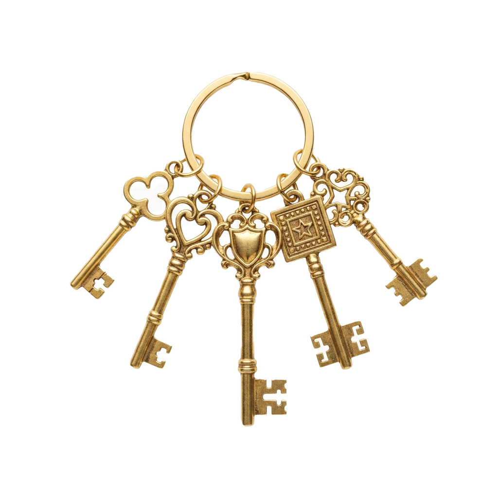 A decorative golden keyring holding five ornate keys with detailed designs and a central emblem.