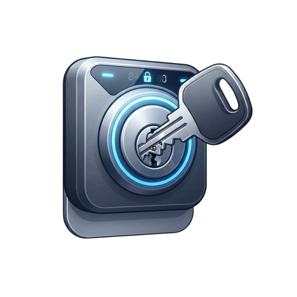 A digital keypad with a key icon and lock symbol, representing electronic security access.