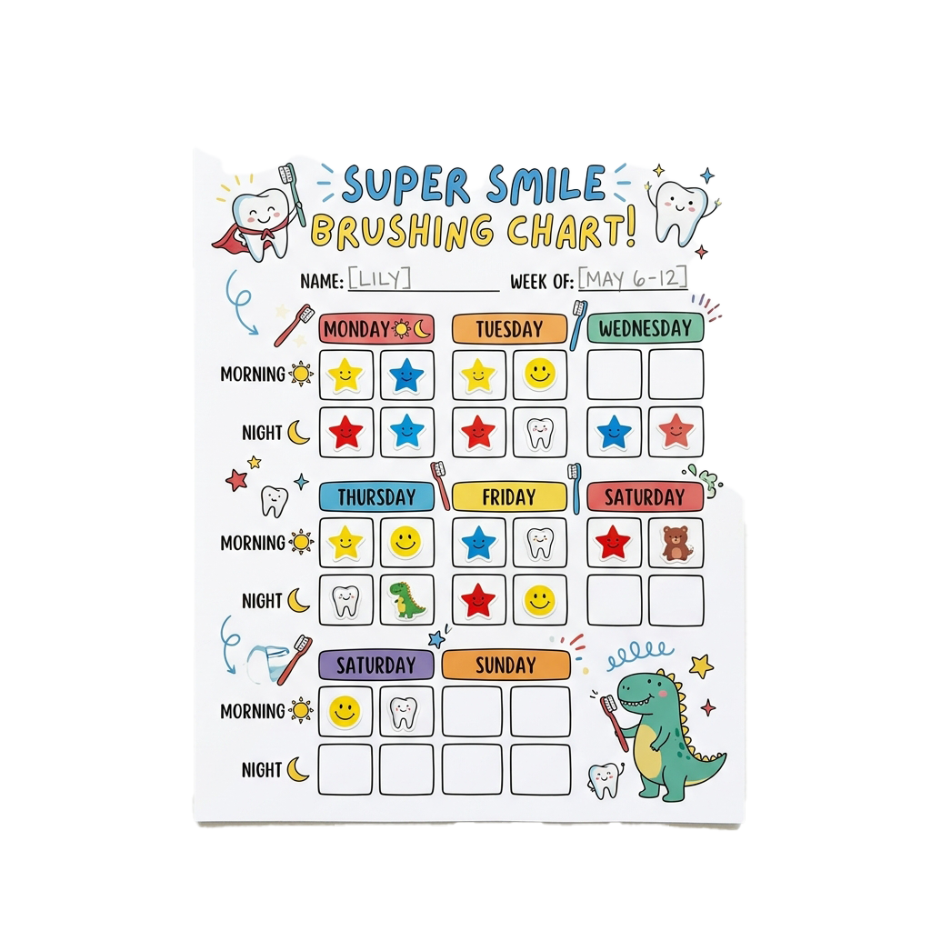 Colorful chart showing a weekly toothbrushing schedule for a child with stickers for morning and night sessions