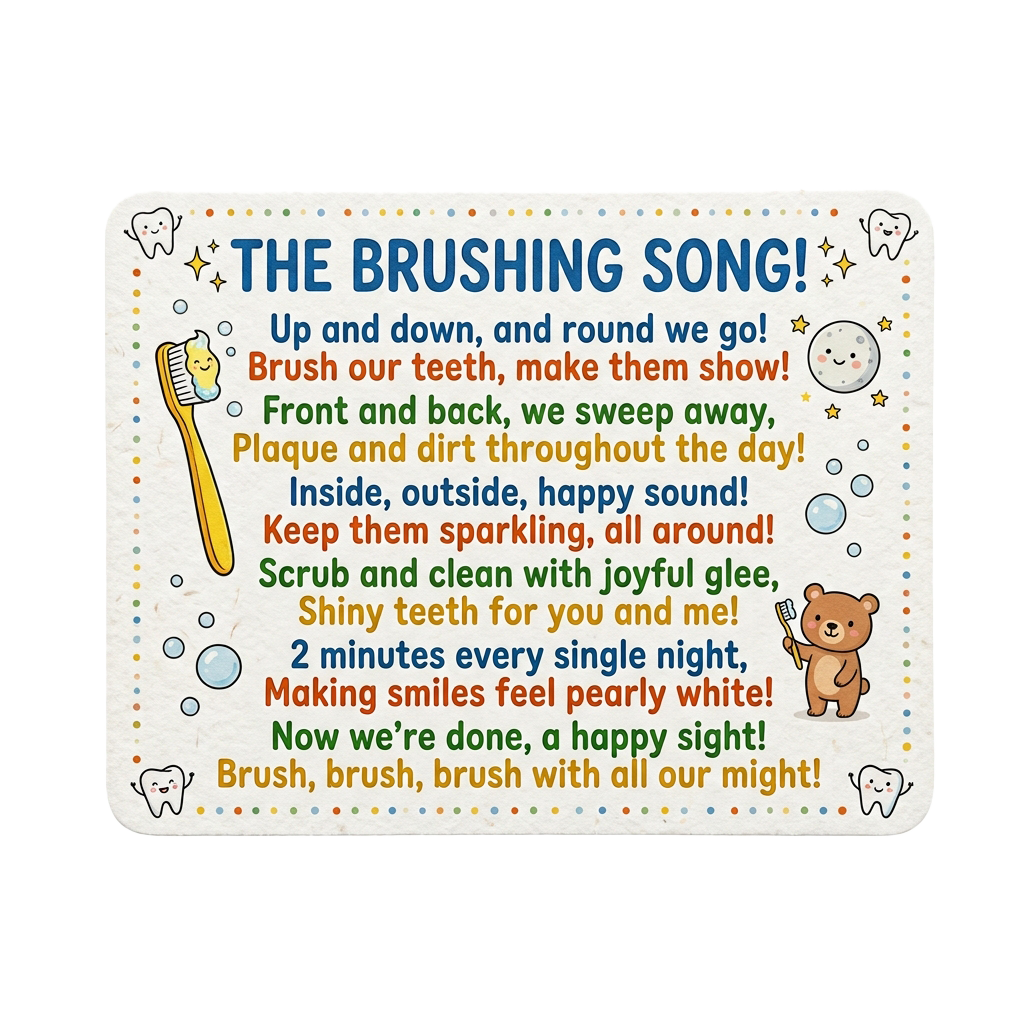 Colorful poster showing a toothbrush and bear singing a teeth brushing song with lyrics