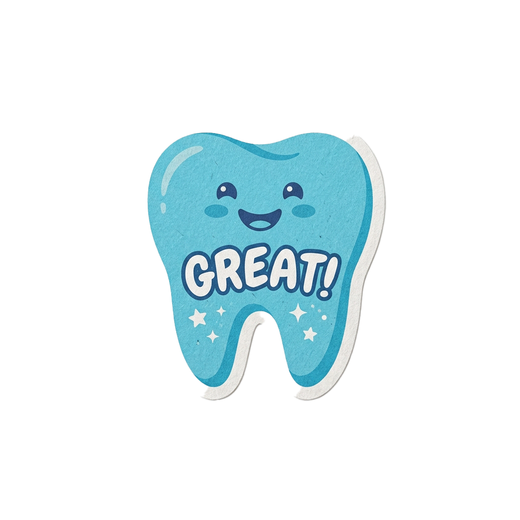 A smiling cartoon tooth with the word great and stars around it