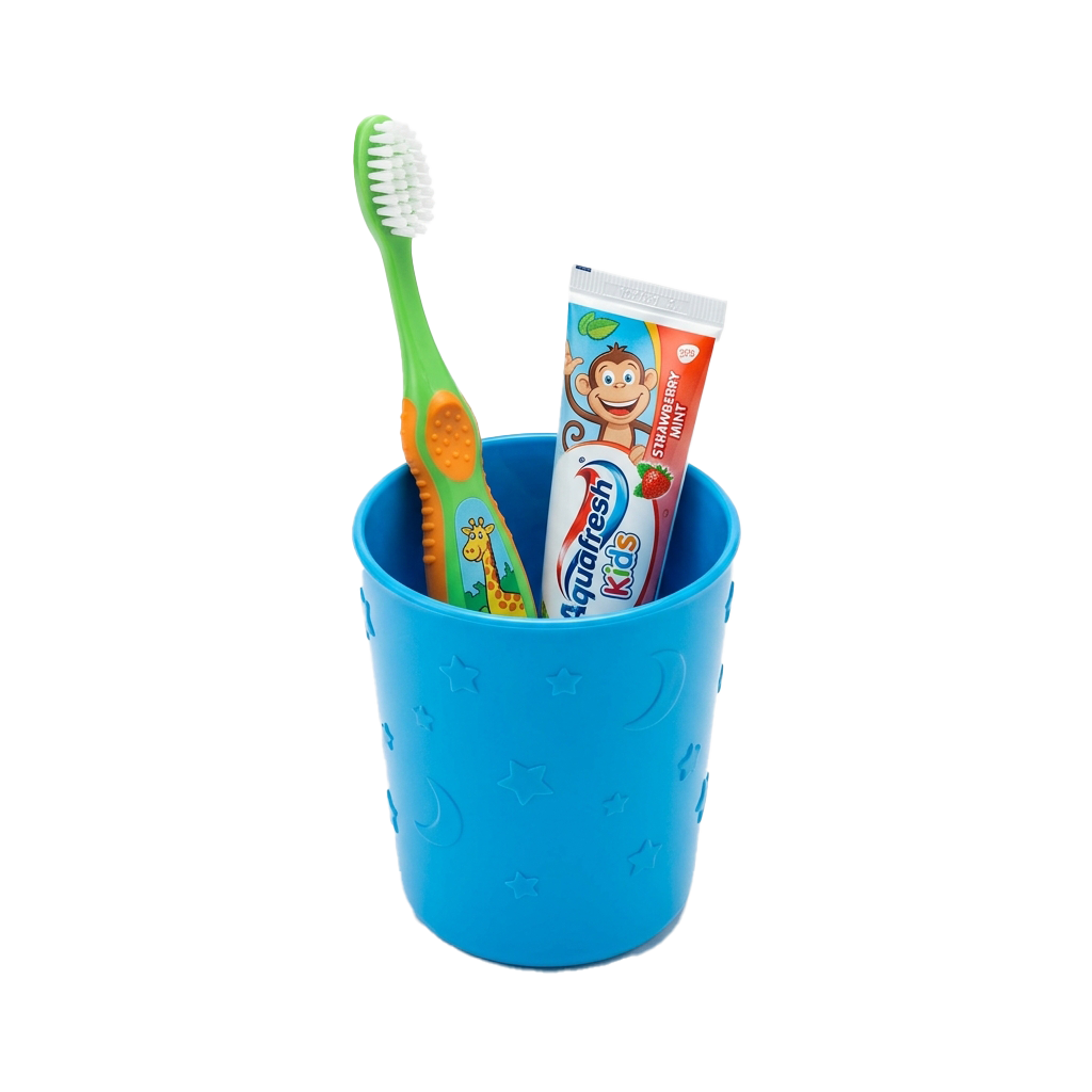 Blue childrens toothbrush holder with green toothbrush and colorful toothpaste tube