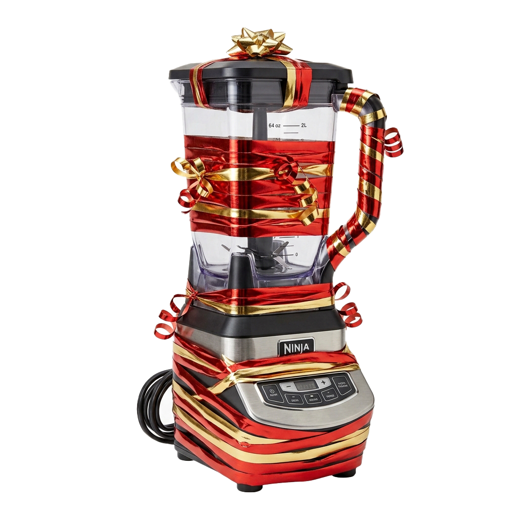 A festive blender wrapped in red and gold ribbon with a bow on top, filled with a red liquid.