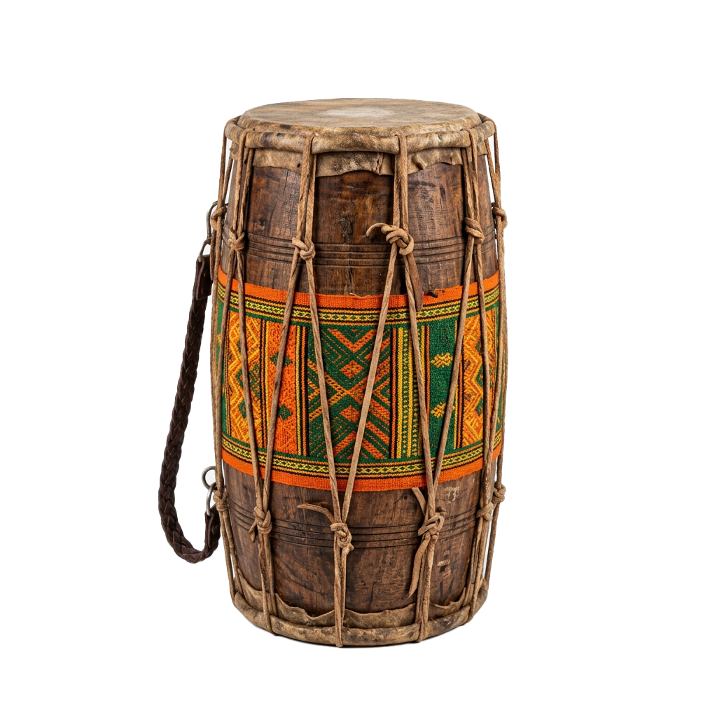 Traditional drum with geometric patterns in green, orange, and brown, secured with ropes and leather straps