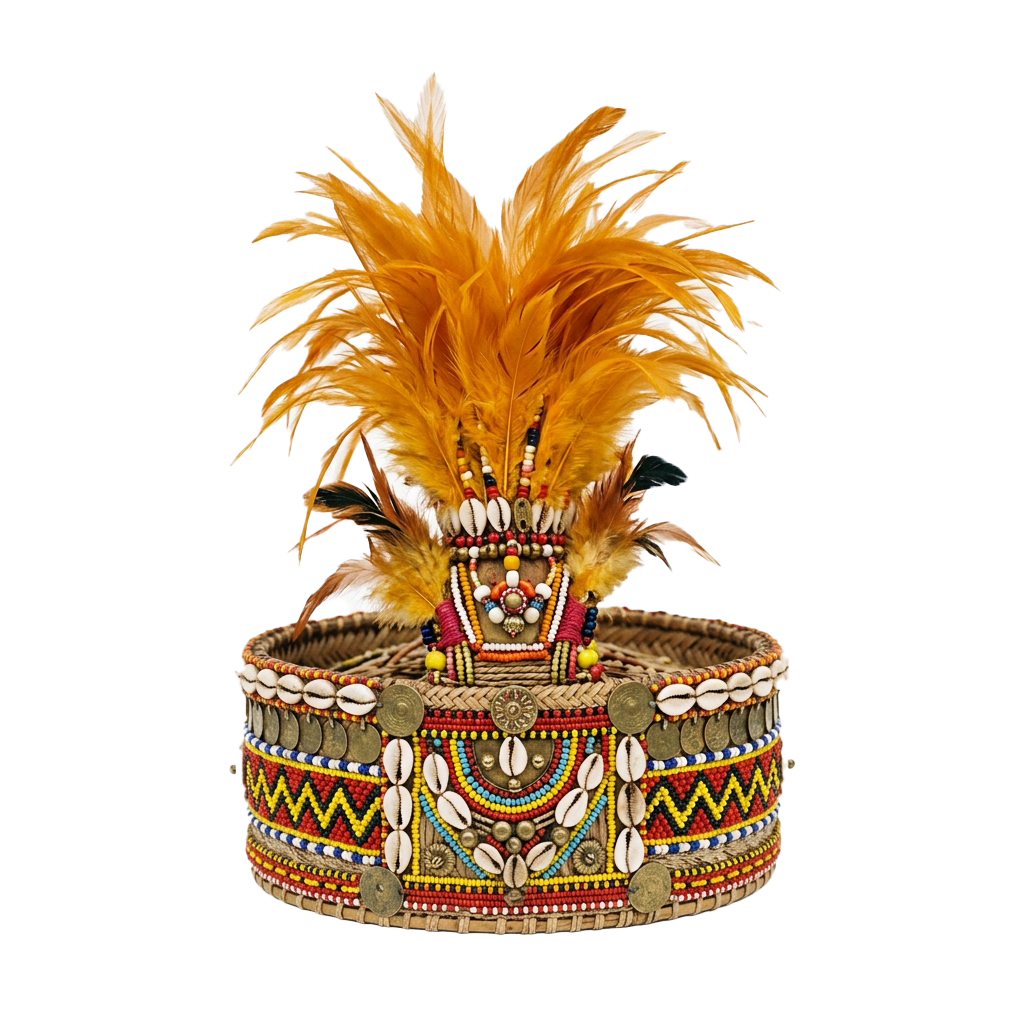 Elaborate traditional headpiece featuring bright orange feathers and a beaded woven band with cowrie shells