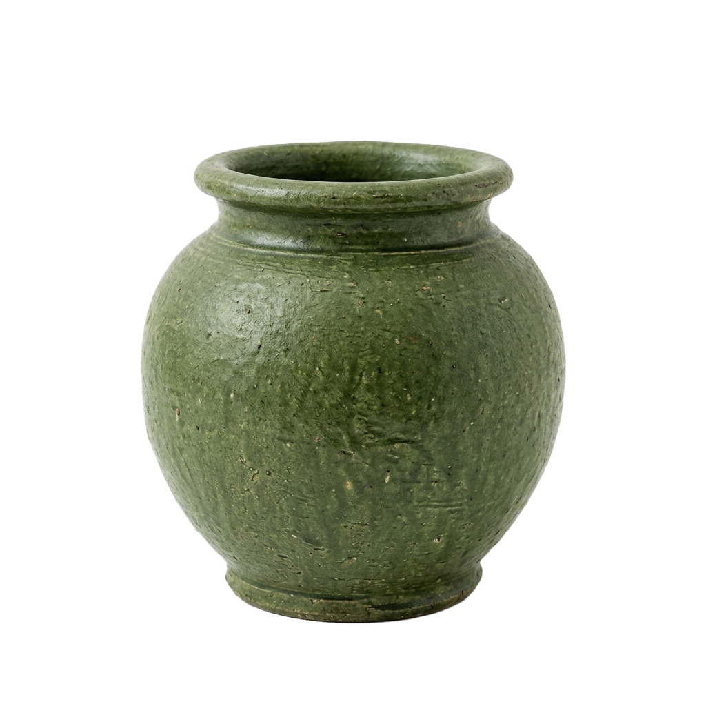 A green ceramic jar with a wide mouth and slightly flared rim, showing signs of age and wear