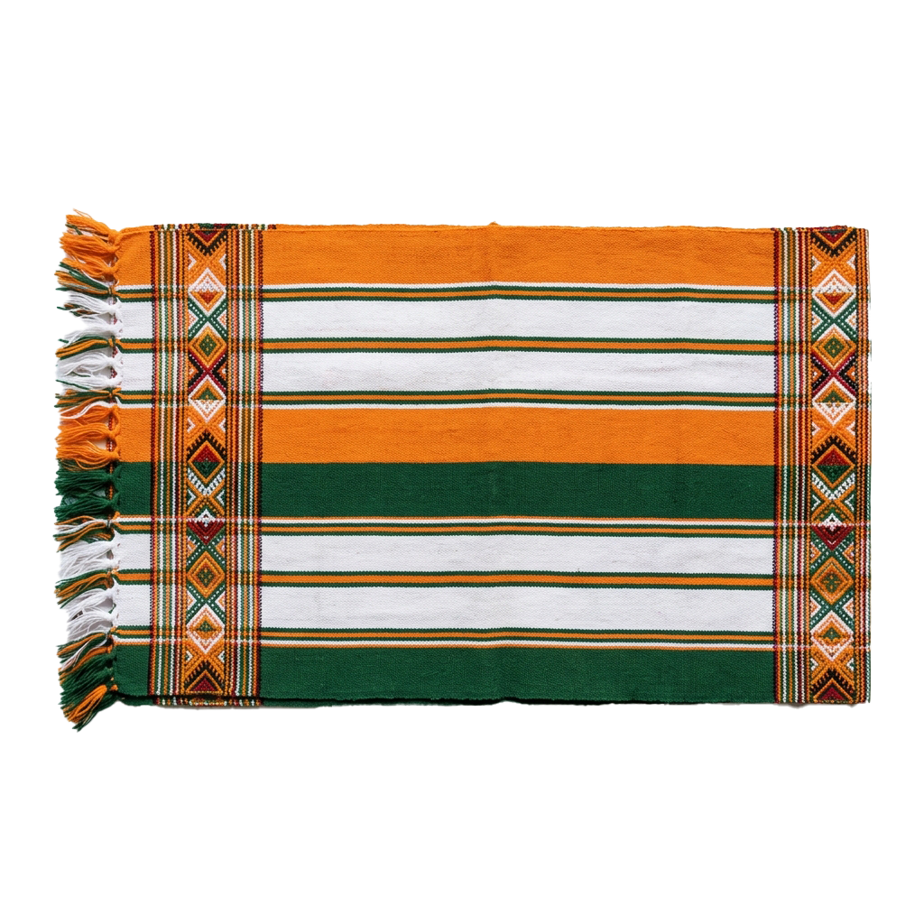 A rectangular woven textile featuring horizontal stripes in orange, green, and white with intricate geometric patterns on the borders and fringe on the left side.