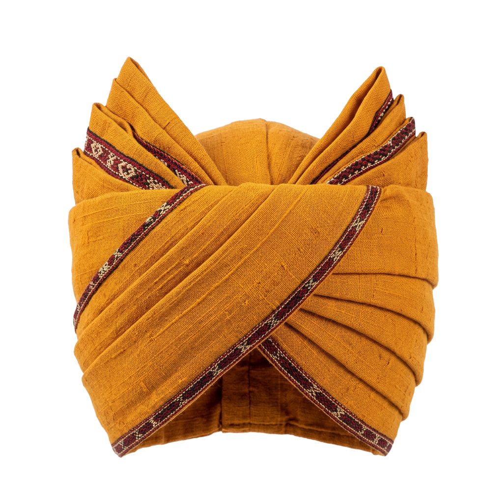 A yellow turban with maroon and white embroidered borders tied in a traditional style.