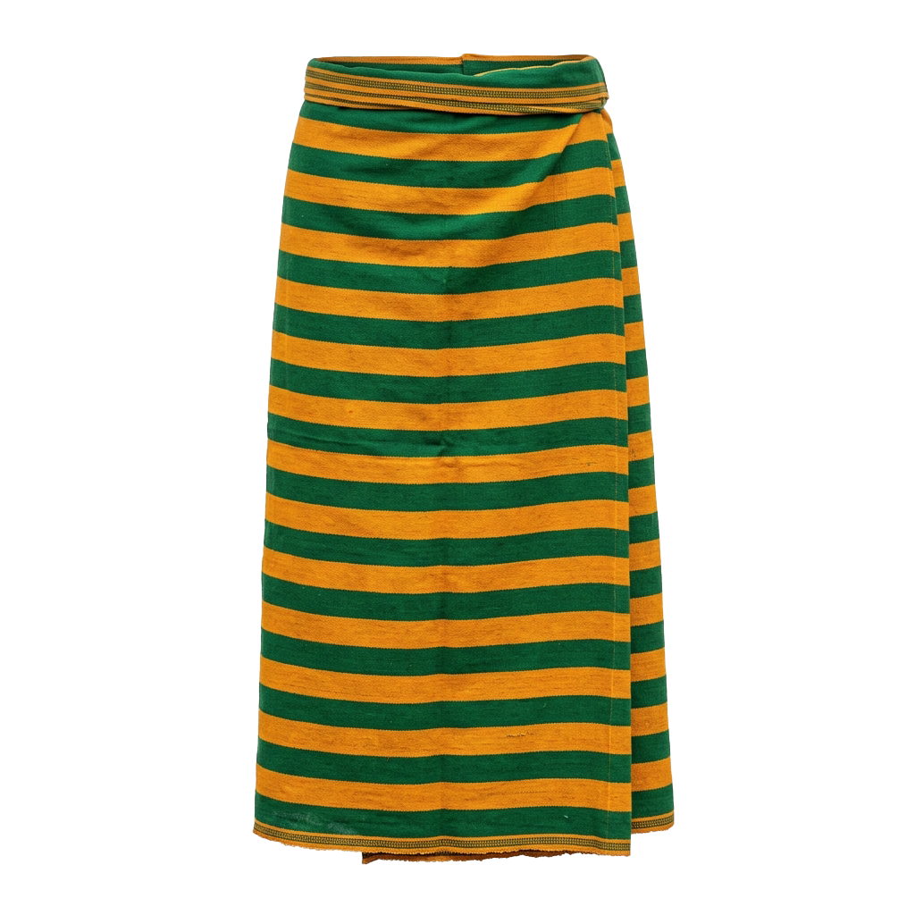A-line skirt with horizontal green and yellow stripes, waistband trim