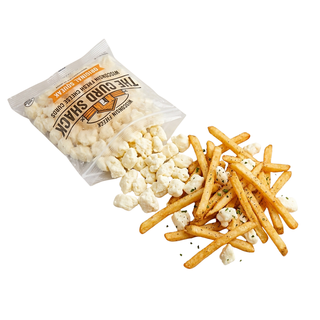 Bag of cheese curds next to a pile of seasoned fries on a black background