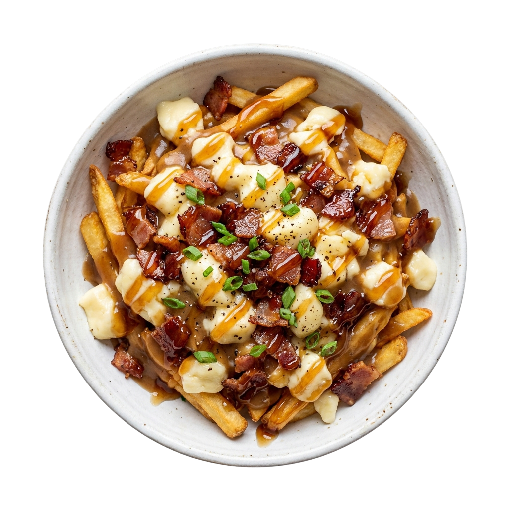 A white bowl filled with golden fries topped with melted cheese, crumbled bacon, and chopped green onions