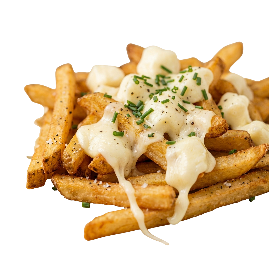 Golden crispy fries topped with melted cheese sauce and chopped chives