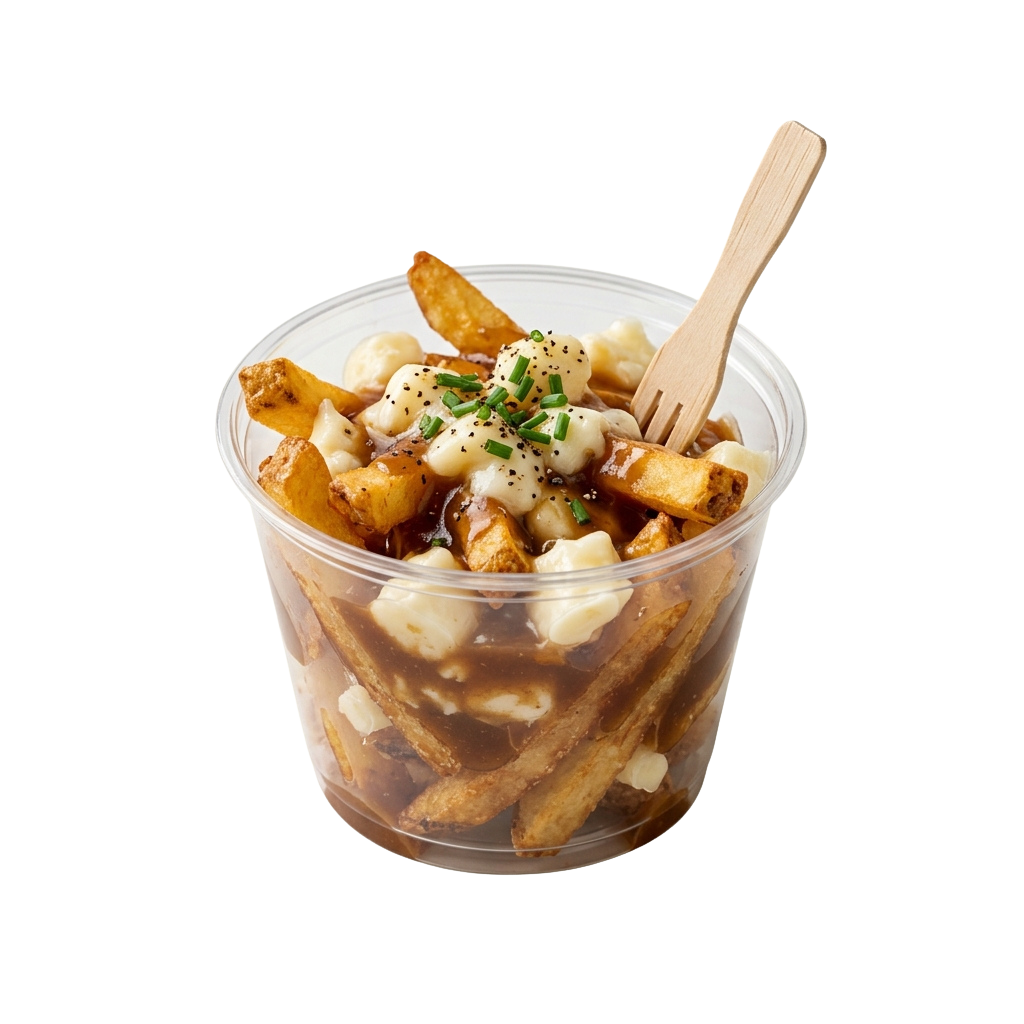 A clear cup filled with loaded fries topped with cheese, bacon bits, and green onions, served with a wooden fork.