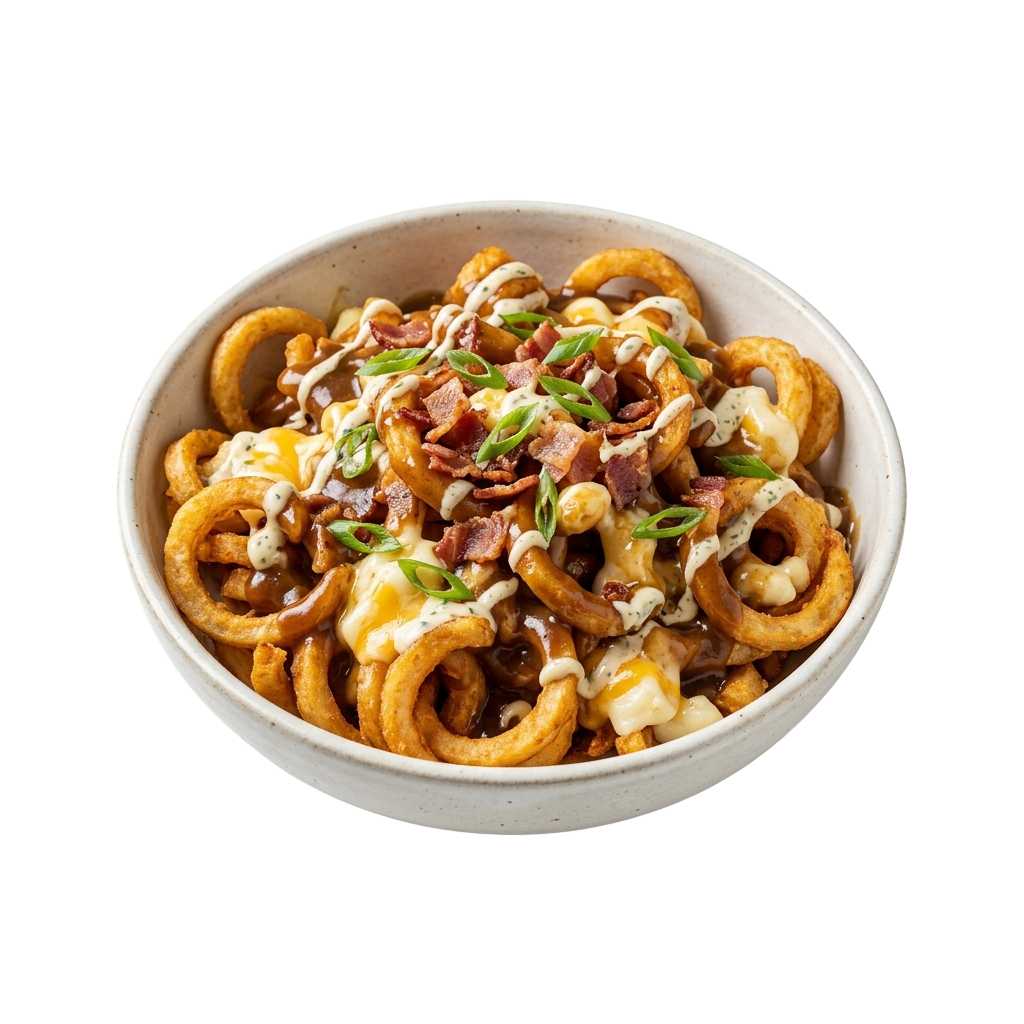 Bowl of golden cheese fries topped with bacon bits and green onions on a white plate