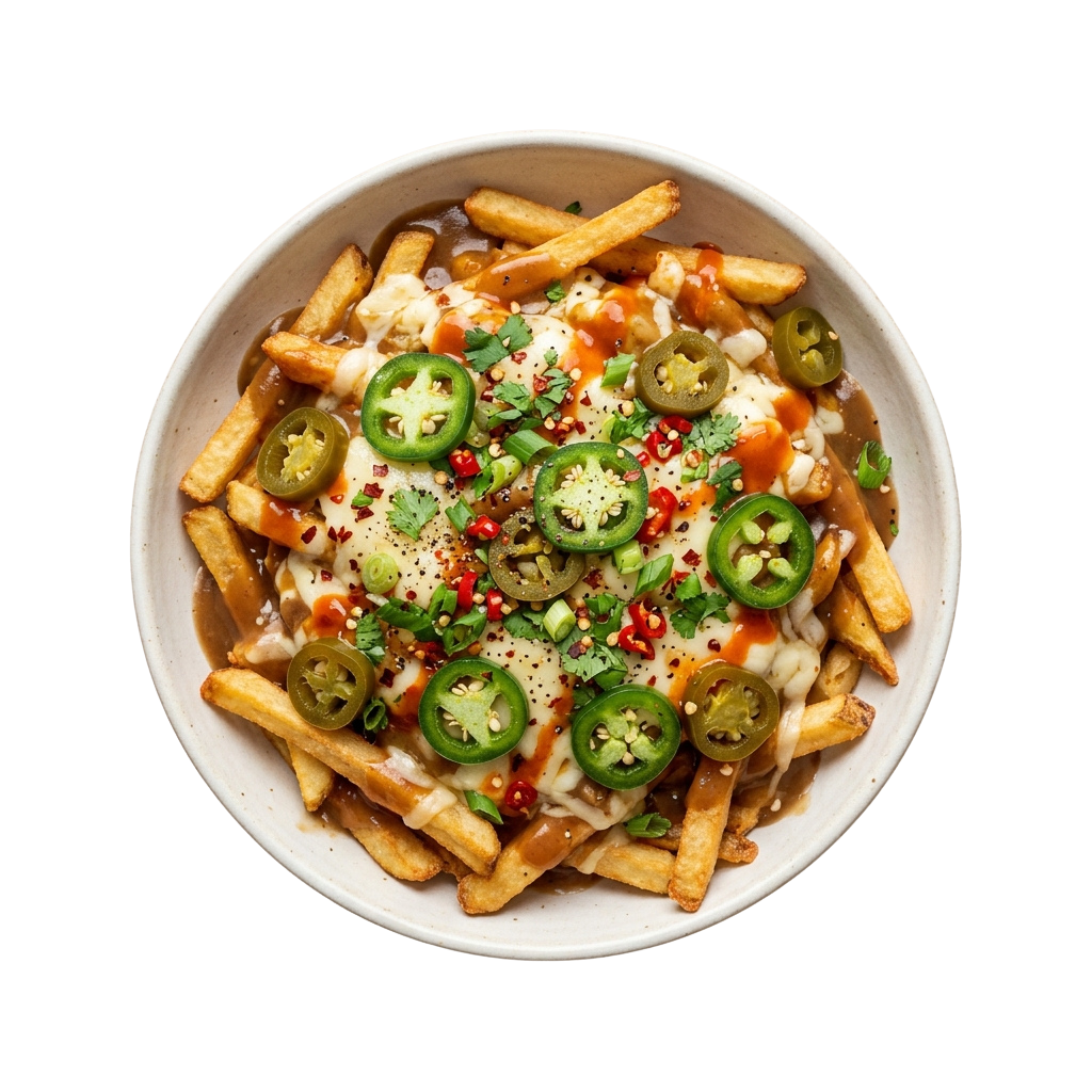 A plate of cheesy fries topped with sliced jalapeños, melted cheese, and red chili flakes
