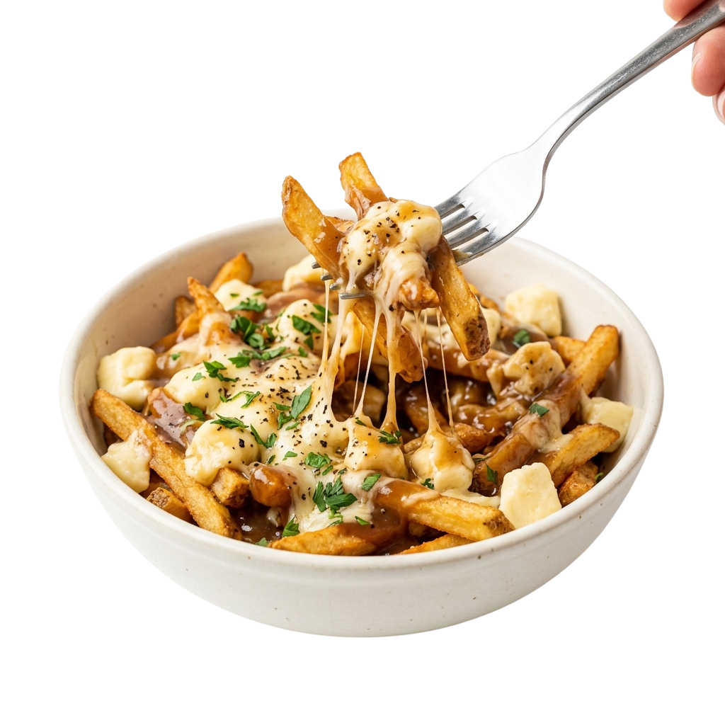 A bowl of loaded fries topped with melted cheese, onions, and parsley garnish being served with a fork