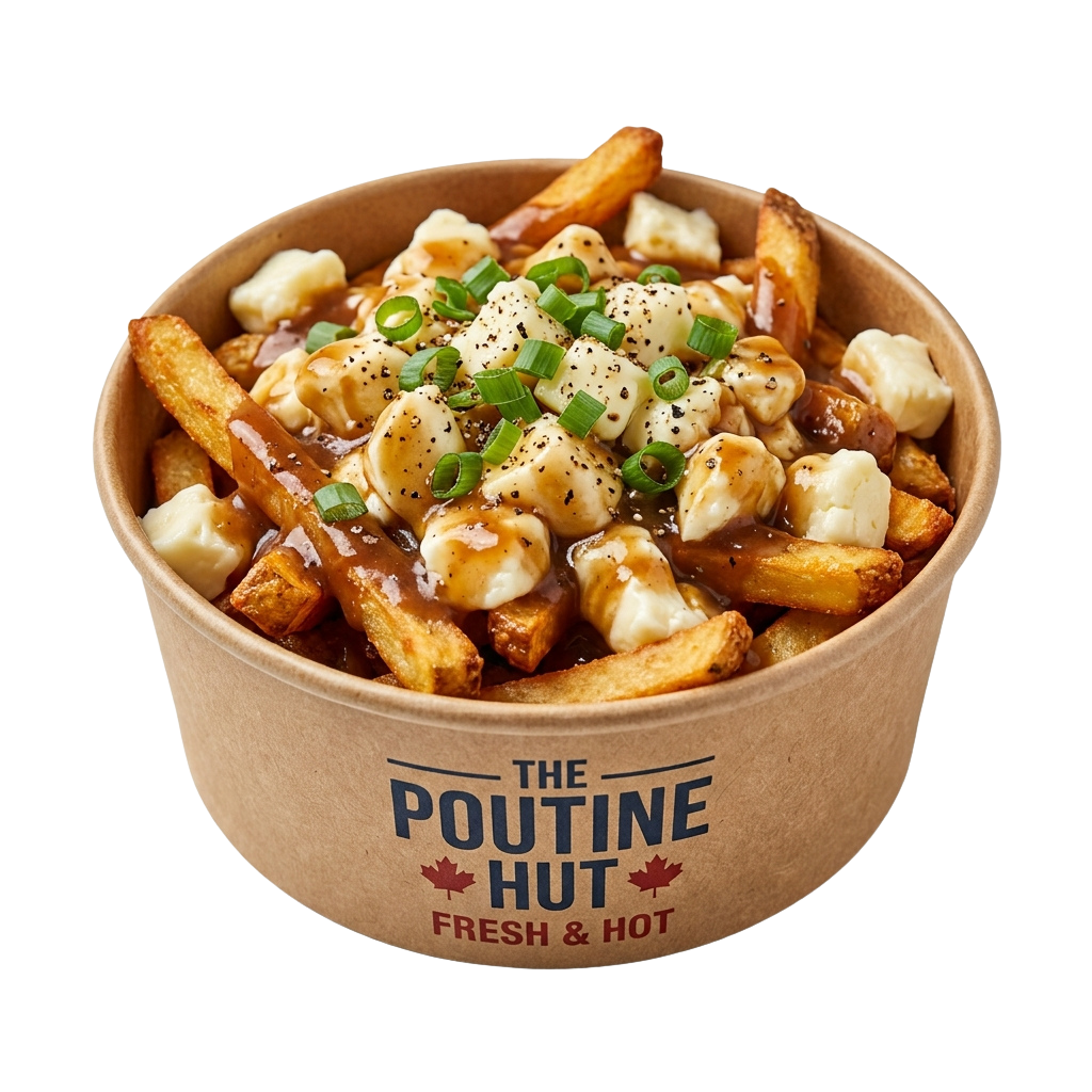 A cardboard container of poutine topped with cheese curds, fries, and green onions, labeled fresh and hot.