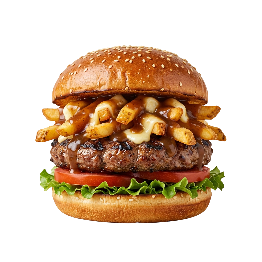 A cheeseburger with a beef patty, cheese, lettuce, tomato, and sesame seed bun topped with crispy fries and cheese sauce