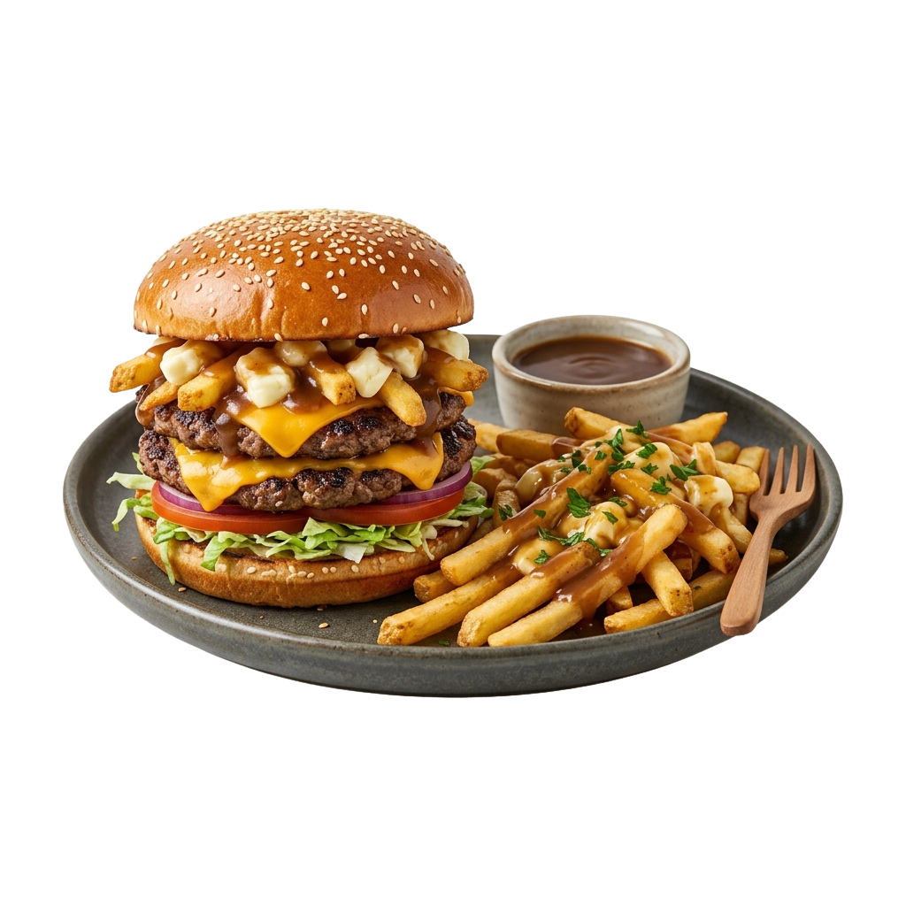 Double cheeseburger with lettuce, tomato, cheese, and patties on a sesame bun with fries and sauce on a plate