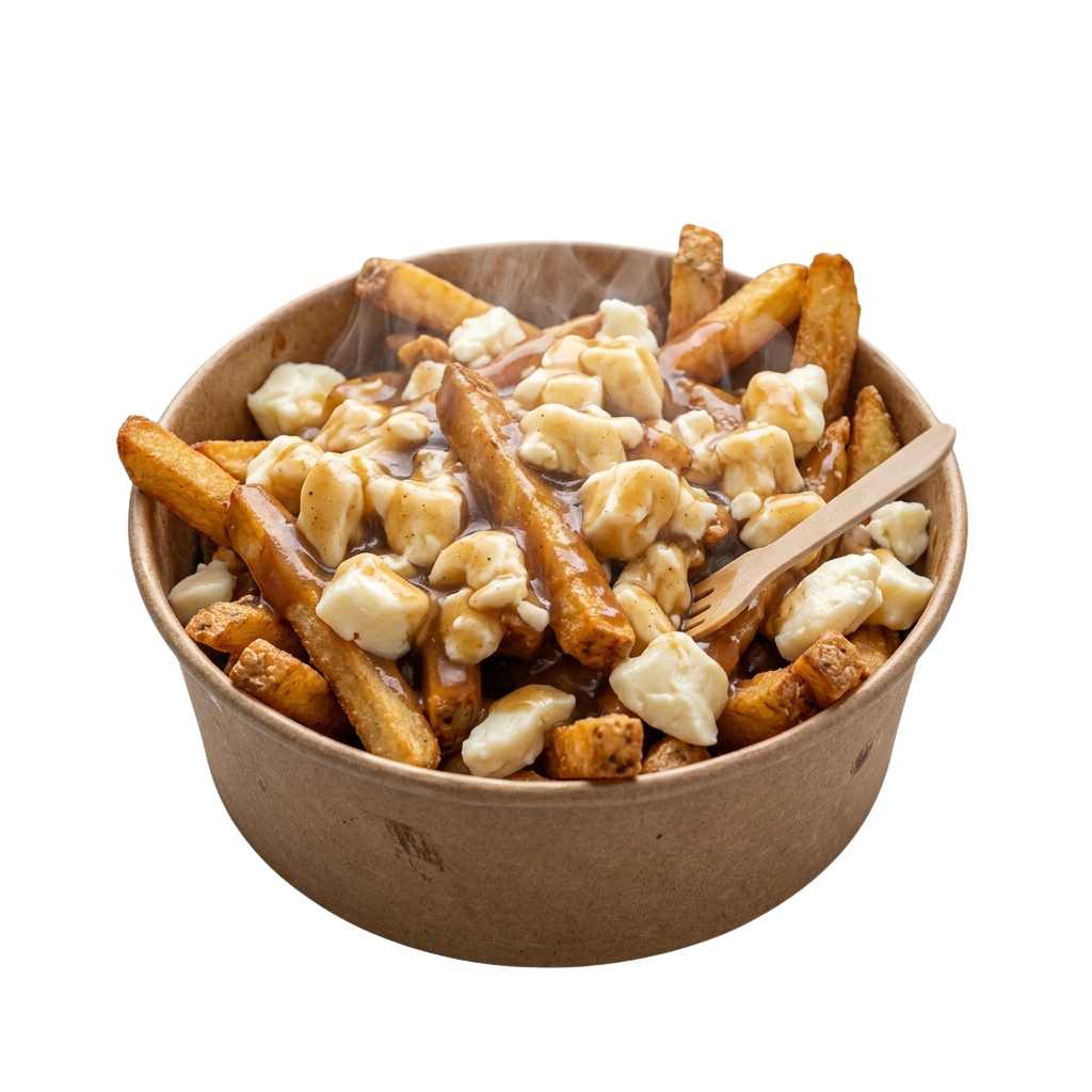 A paper bowl filled with golden fries topped with melted cheese and crumbled bacon