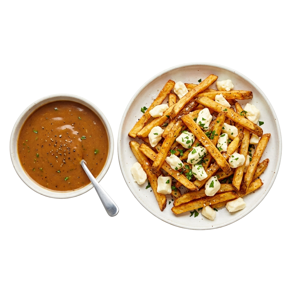 A plate of golden fries topped with cottage cheese and chopped herbs, paired with a bowl of creamy brown sauce.