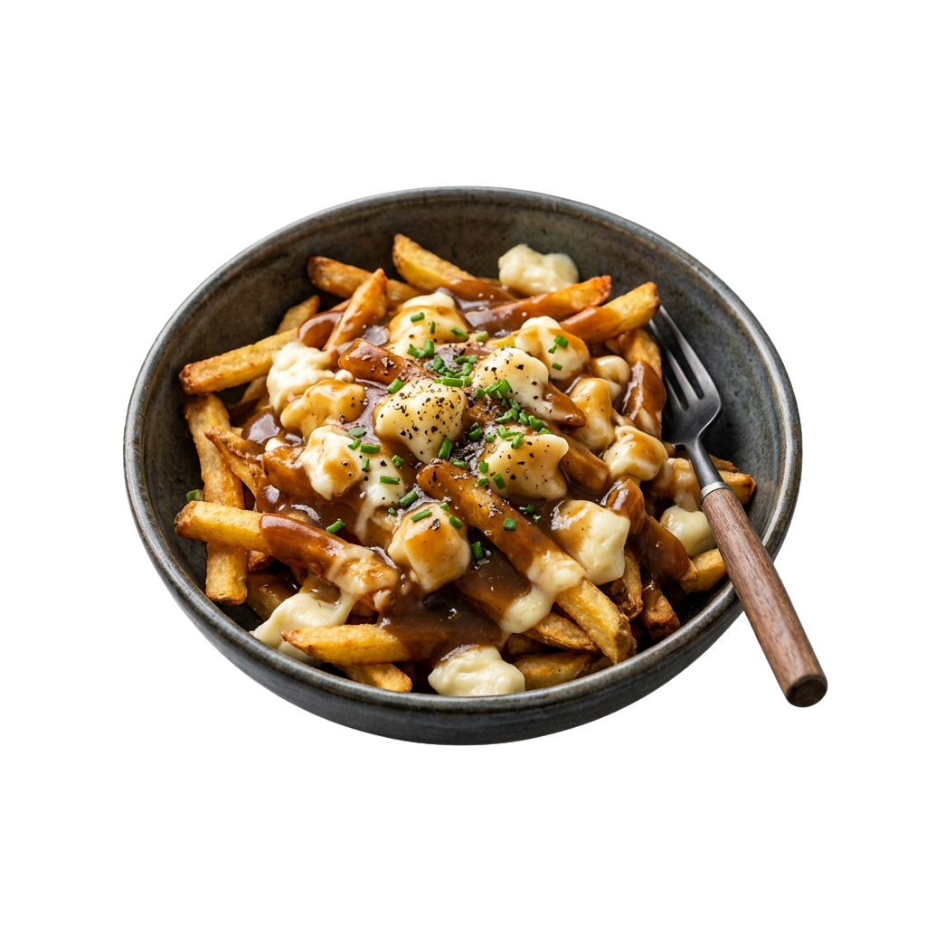 A bowl of poutine topped with cheese curds, gravy, and chopped green onions on a fork