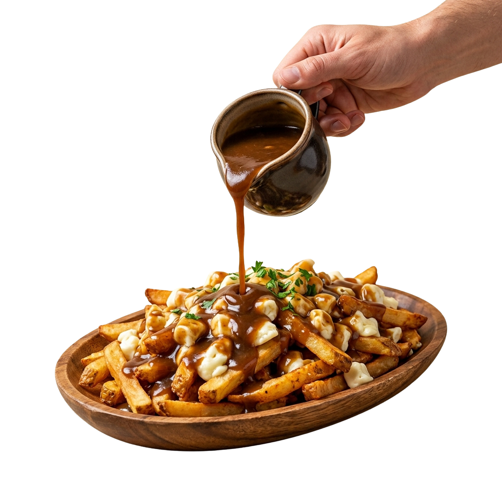 A wooden plate of fries topped with cheese, being drizzled with sauce and garnished with parsley.