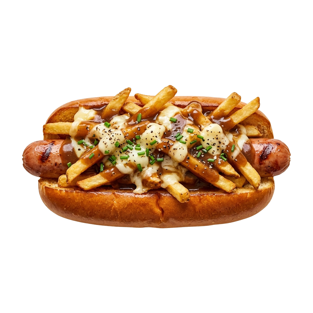 A hot dog on a bun topped with chili cheese fries, sauce, and chopped chives