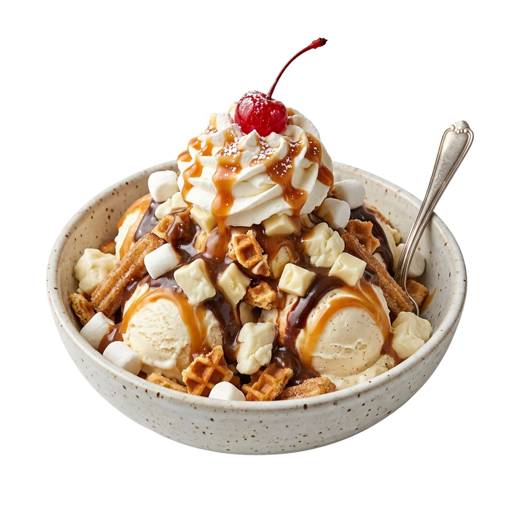 A bowl of sundae topped with whipped cream, marshmallows, caramel drizzle, waffle pieces, banana slices, and a maraschino cherry