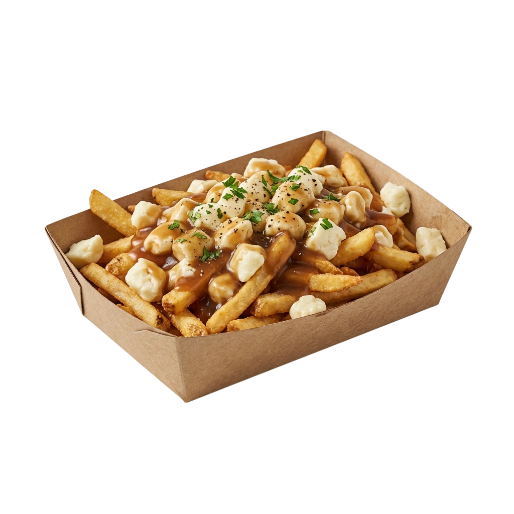 A cardboard box filled with golden fries topped with melted cheese, sauce, and chopped green herbs